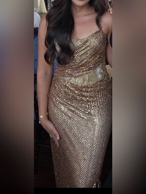 Embellished Gold Sequin Prom Dress with Lace Bodice
